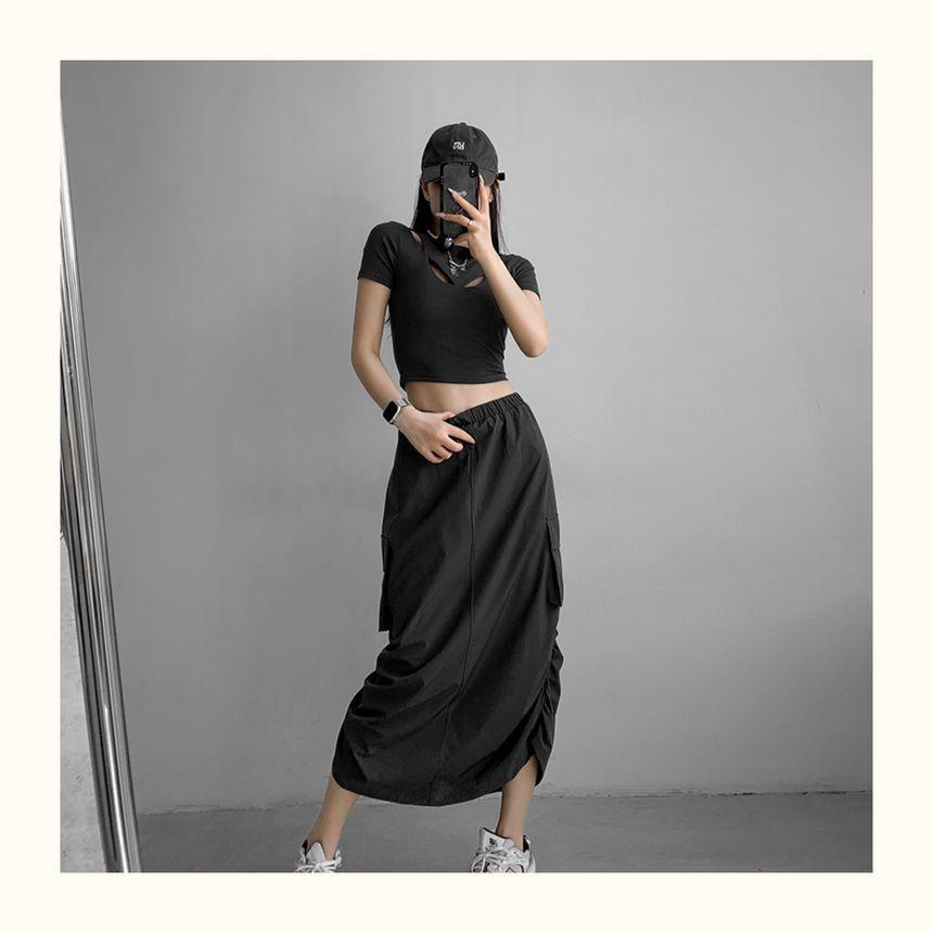 Elastic Waist Plain Slit Midi Pencil Cargo Skirt Product Image