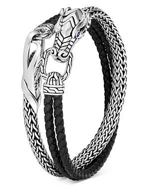 John Hardy Mens Sterling Silver Naga Blue Sapphire Dragon Leather Wrap Bracelet Product Image