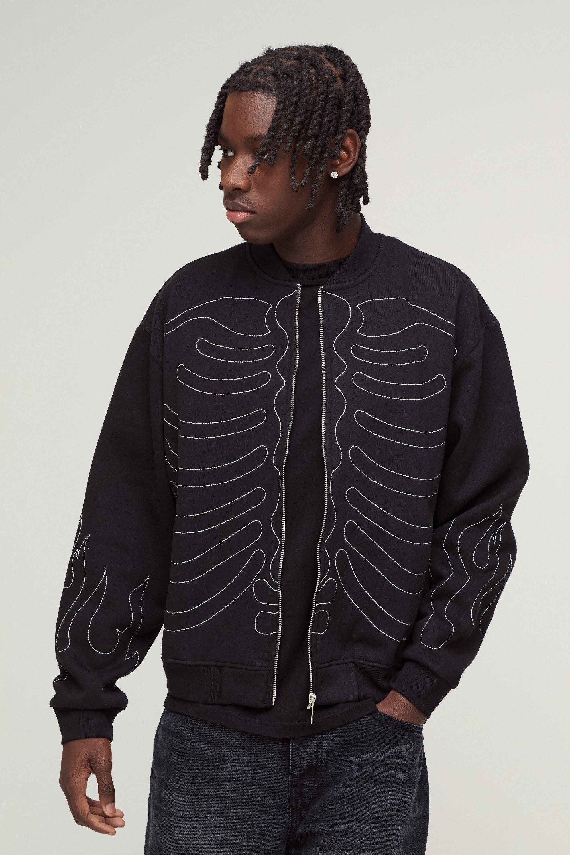 Oversized Boxy Contrast Stitch Skull Applique Bomber Jacket | boohooMAN USA Product Image