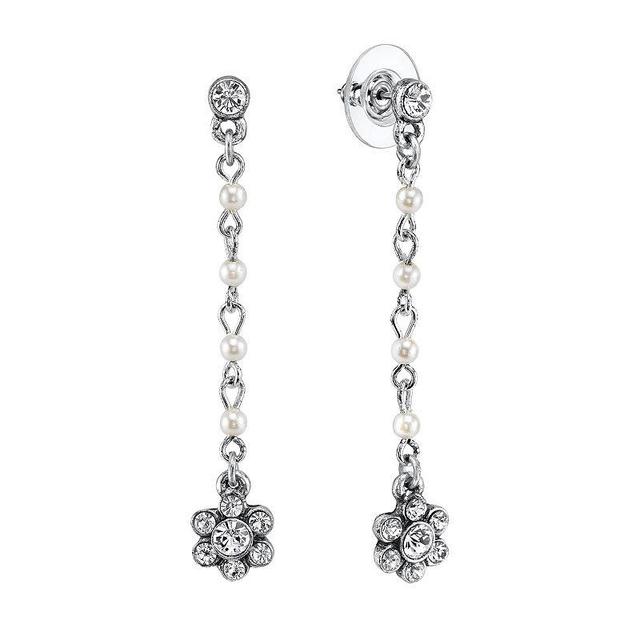 1928 Silver-Tone Simulated Pearl & Crystal Linear Flower Earrings, Womens Product Image