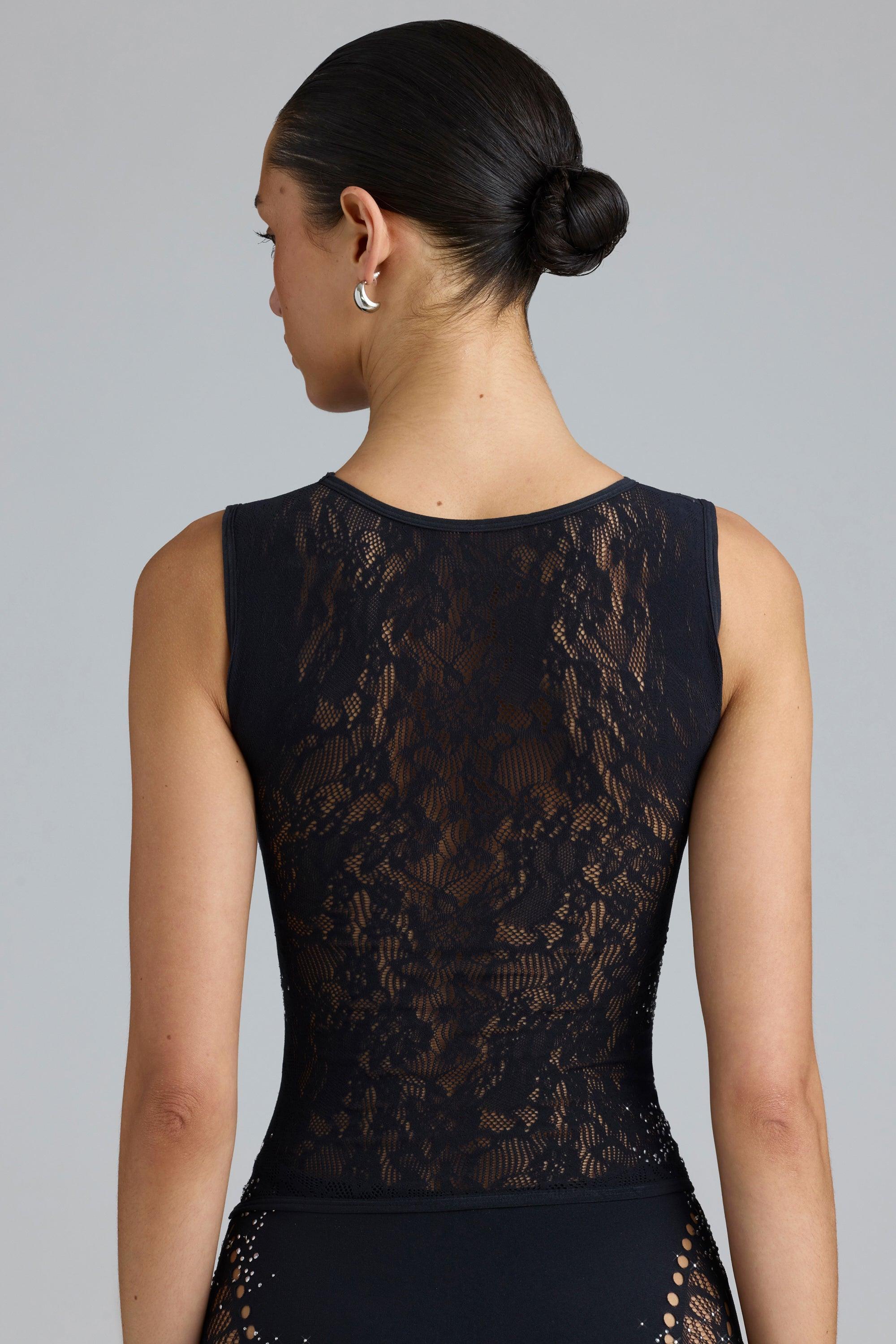 Embellished Lace-Up High-Neck Top in Black Female Product Image