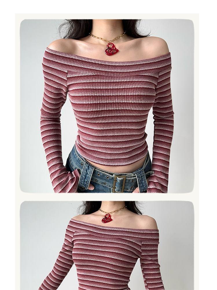 Long-Sleeve Off-Shoulder Striped Slim Fit Crop Knit Top Product Image