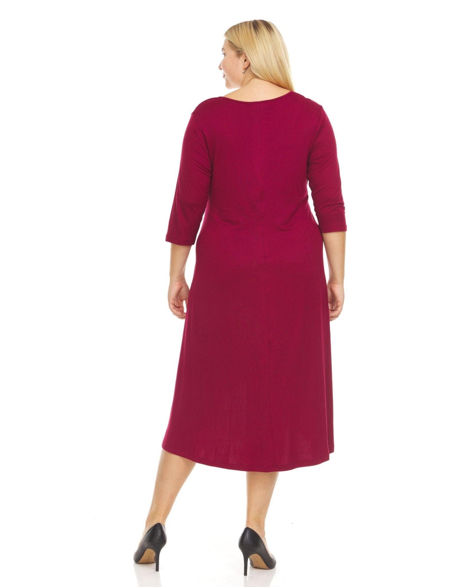 Three-quarter sleeves solid colors scoop neck midi dress with self tie belt- plus Product Image