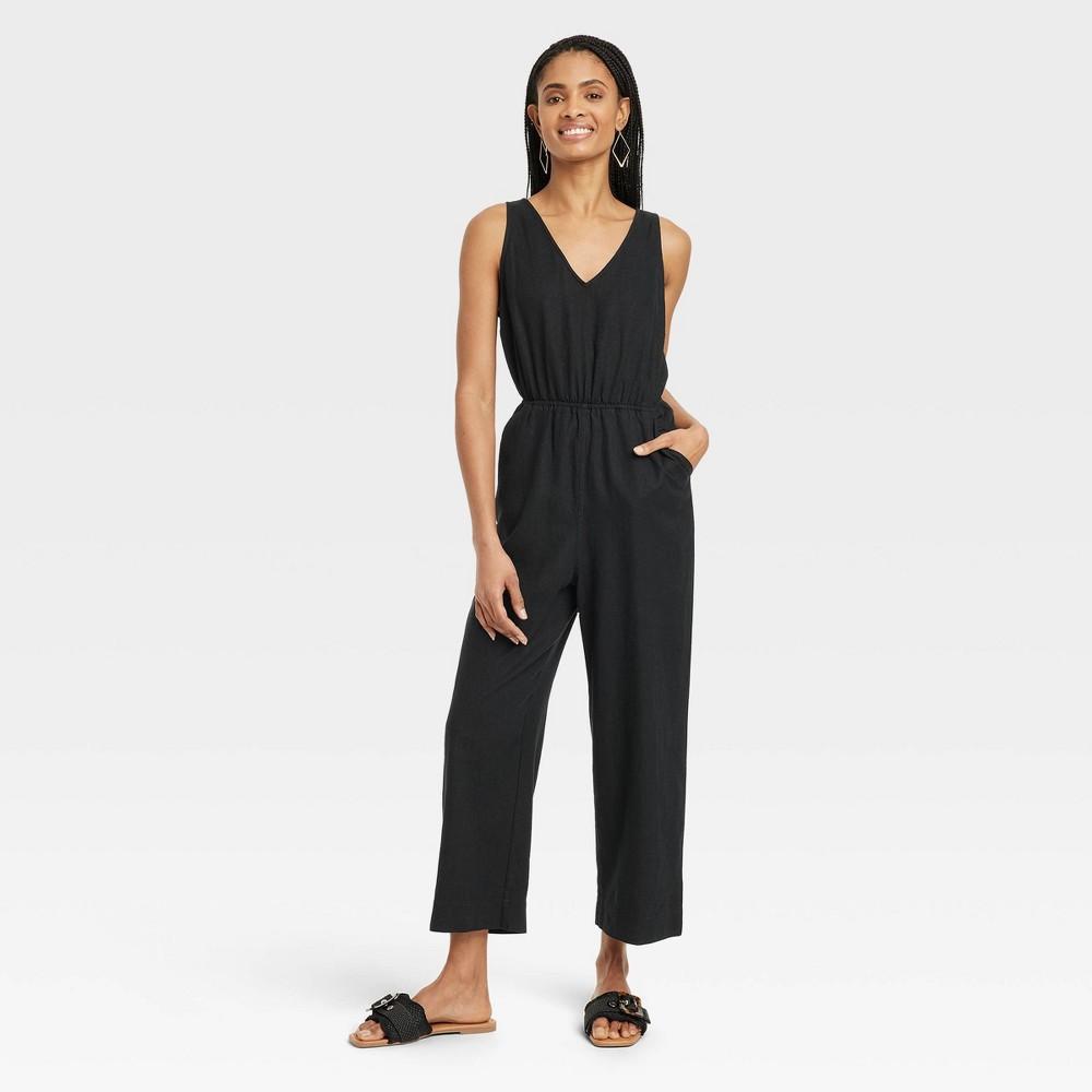 Womens Linen V-Neck Jumpsuit - Universal Thread Black M Product Image