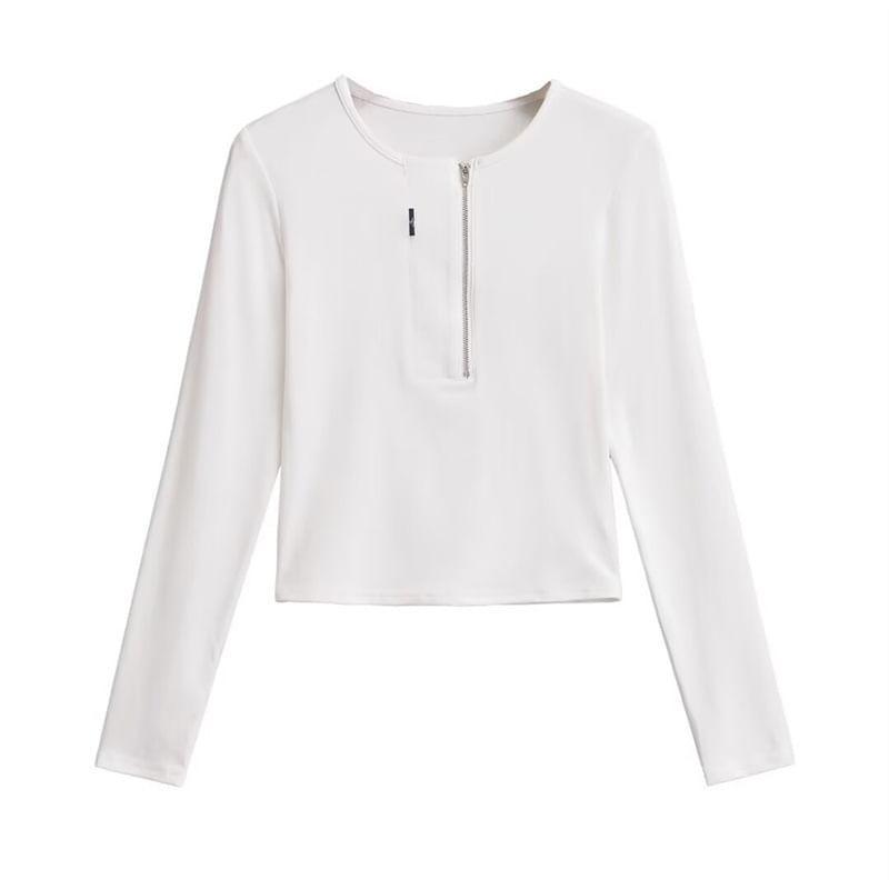 Long Sleeve Round Neck Plain Half Zip T-Shirt Product Image