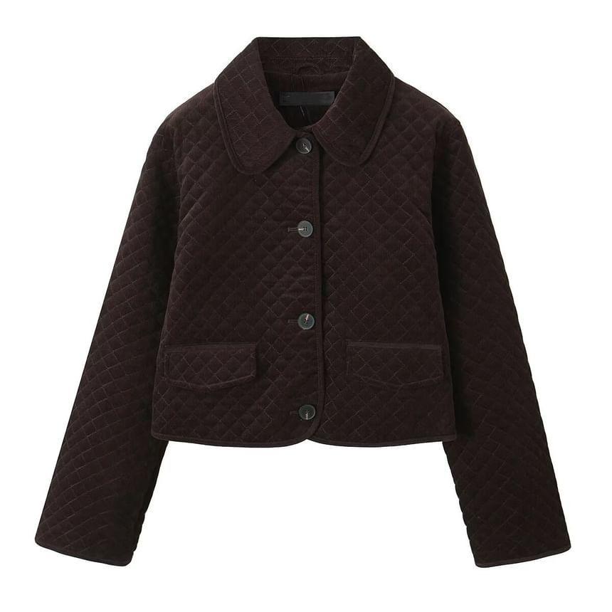 Collared Plain Quilted Button-Up Corduroy Jacket Product Image