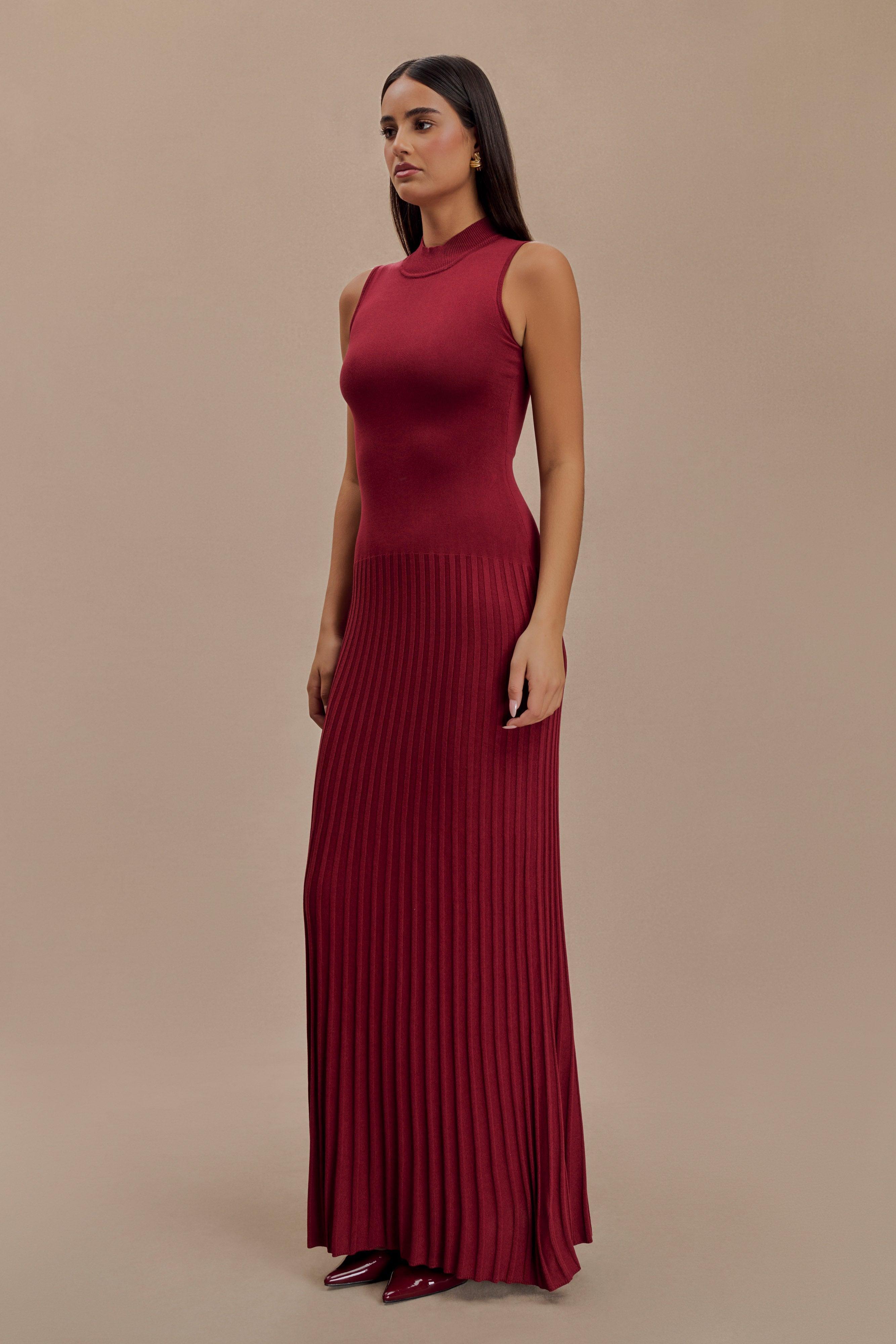 Mavis High Neck Pleated Maxi Dress - Mahogany Product Image