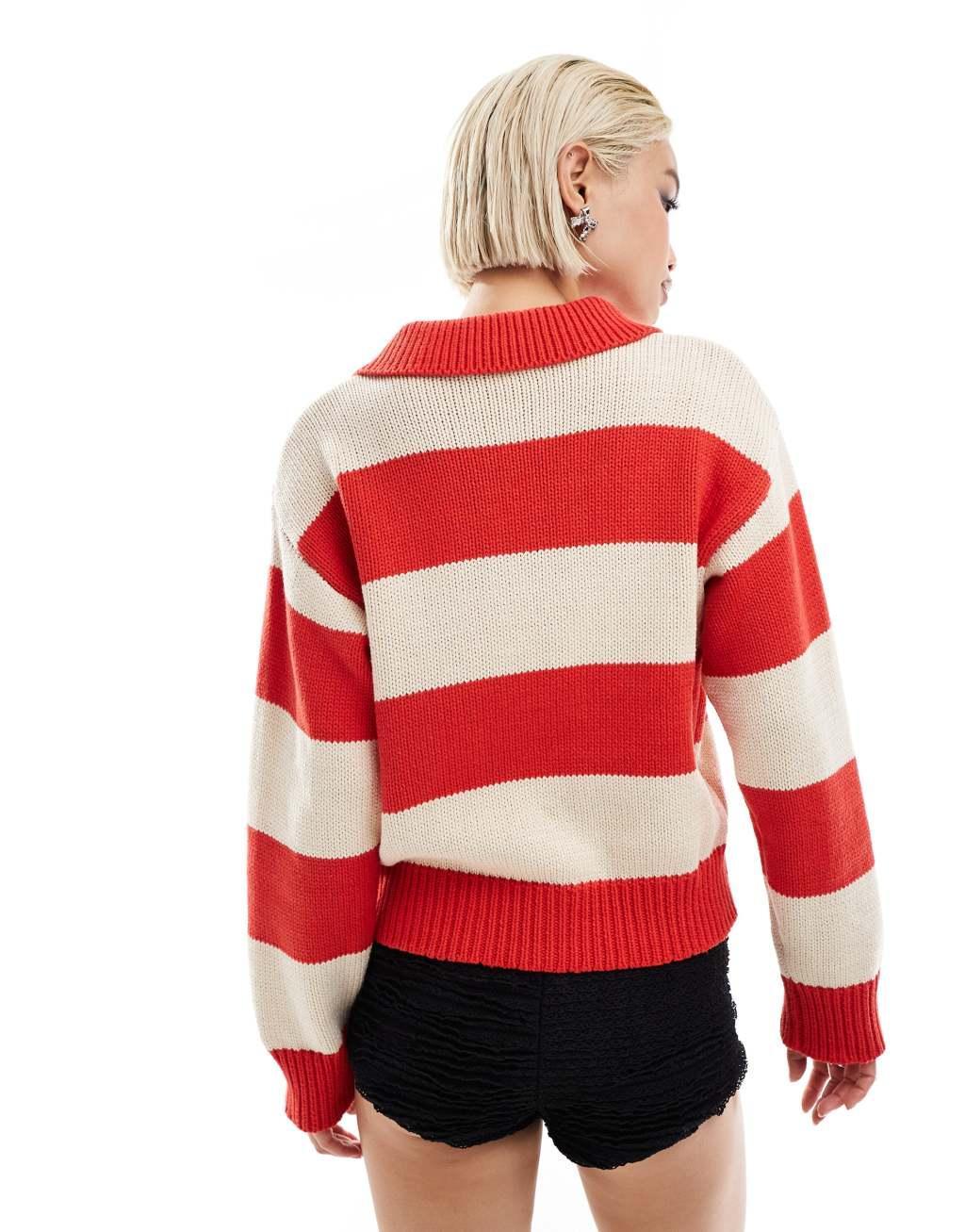 Emory Park button up striped oversized sweater in red and cream  Product Image