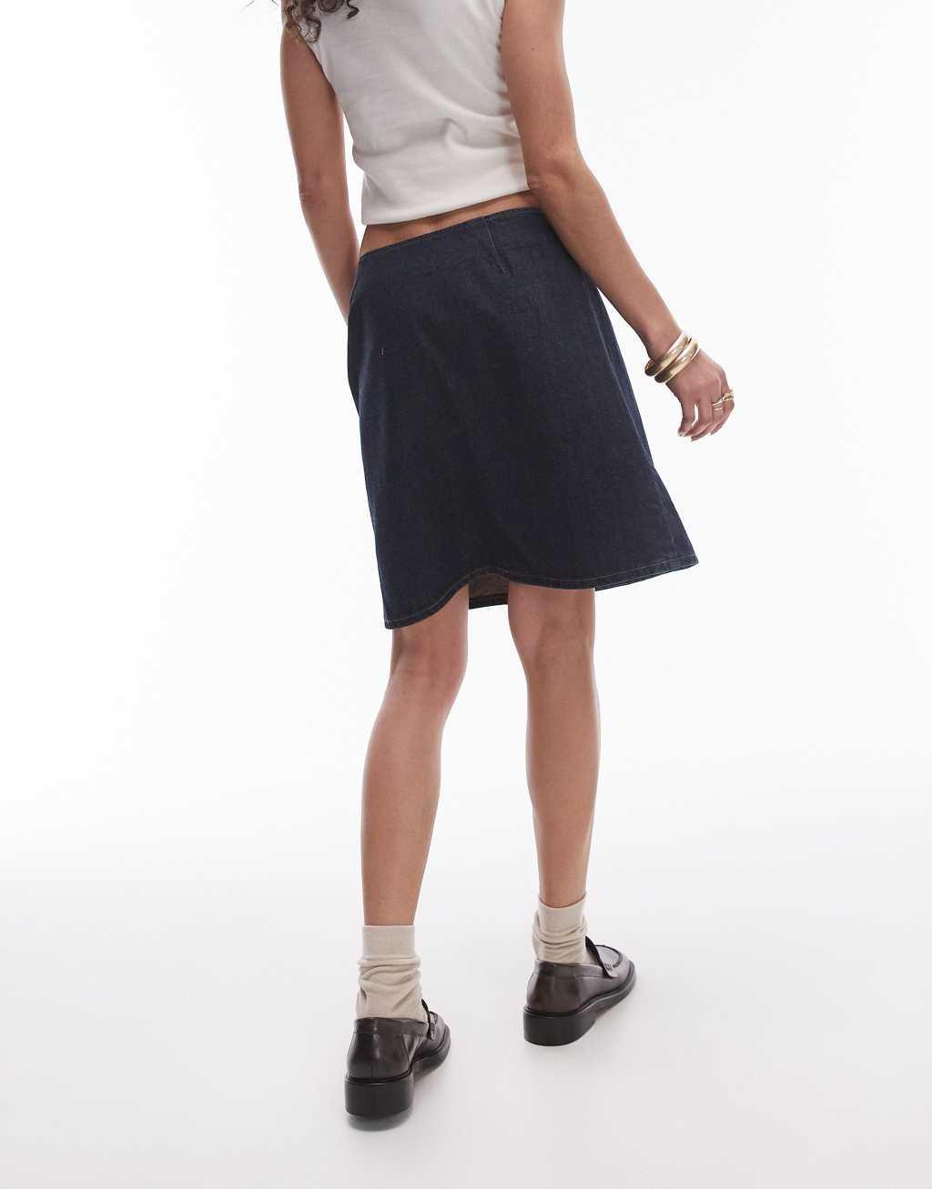 Topshop denim knee length wrap skirt with buckle in smoky blue Product Image