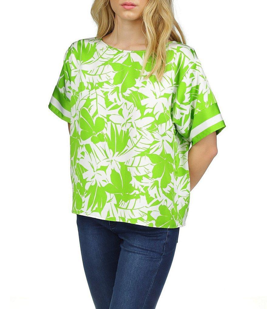 Michael Kors Palm Print Boat Neckline Short Sleeve Top Product Image