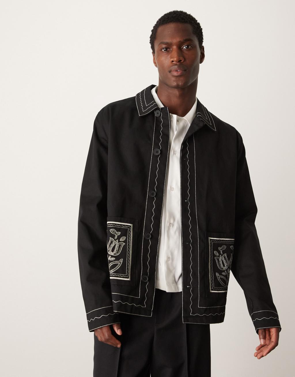 ASOS DESIGN embroidered harrington jacket in black Product Image