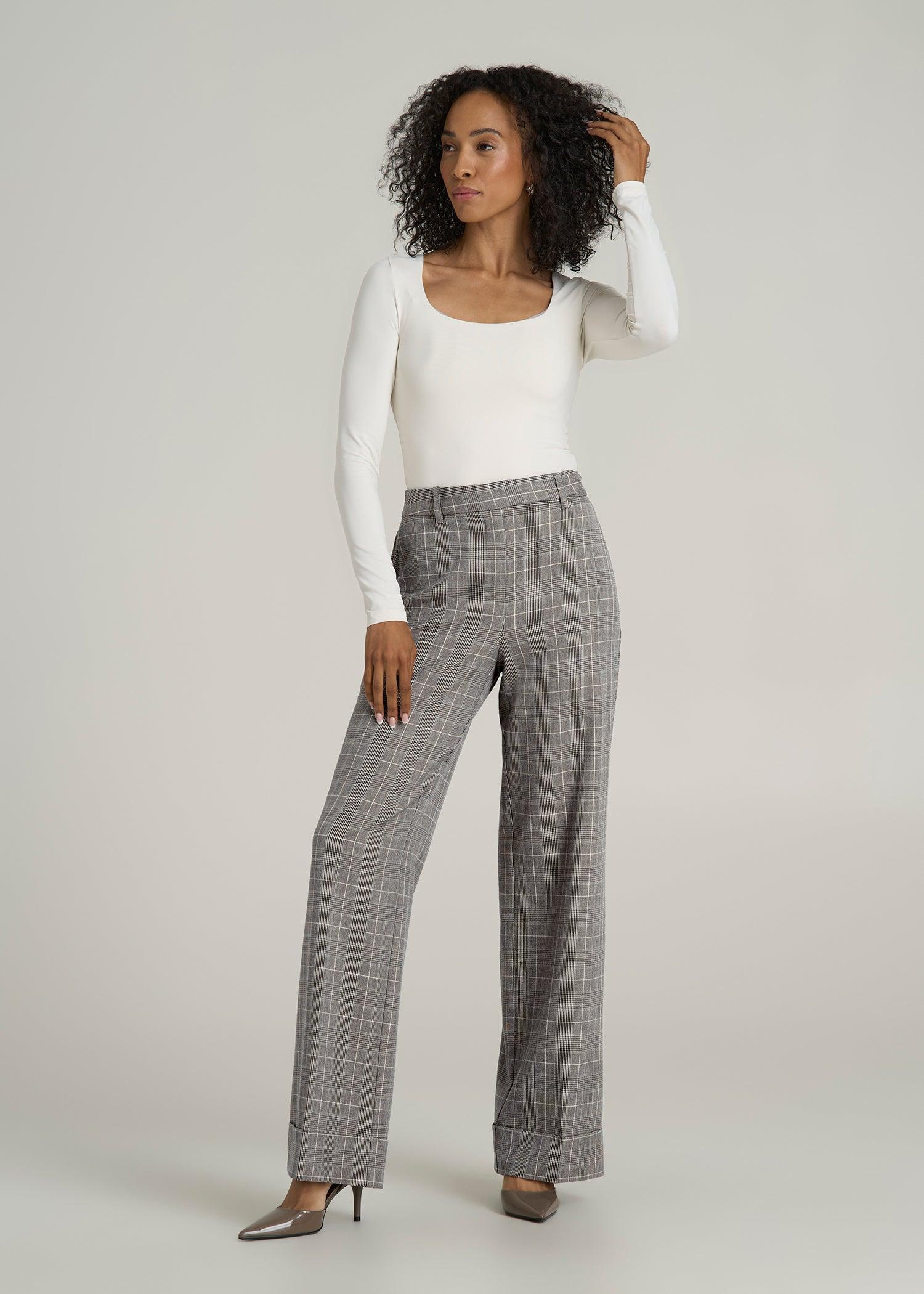 Wide Leg Cuffed Pants for Tall Women in Navy Houndstooth with Teal Female Product Image