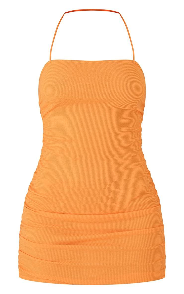 Orange Rib Ruched Sides Strappy Halterneck Bodycon Dress Product Image