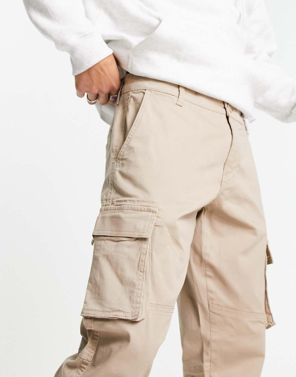 Only & Sons cuffed tapered fit cargo pants in stone Product Image