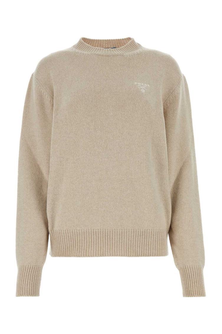 Logo Embroidered Crewneck Knit Jumper In Beige Product Image