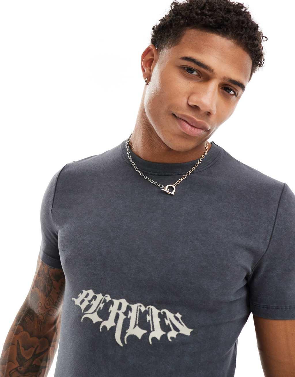 ASOS DESIGN muscle fit t-shirt in washed charcoal with gothic text front print Product Image