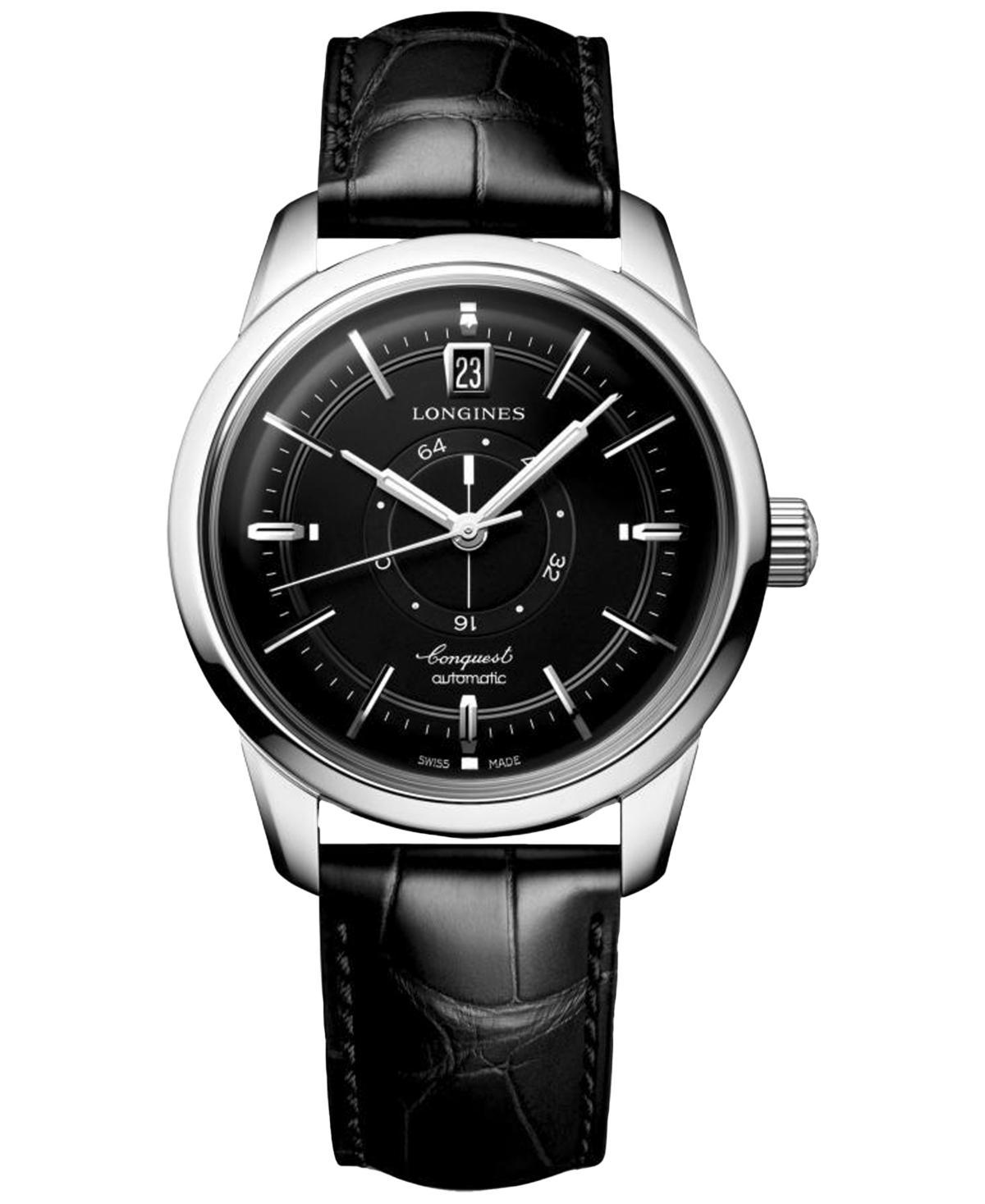 Longines Womens Swiss Automatic Conquest Heritage Black Leather Strap Watch 38mm Product Image