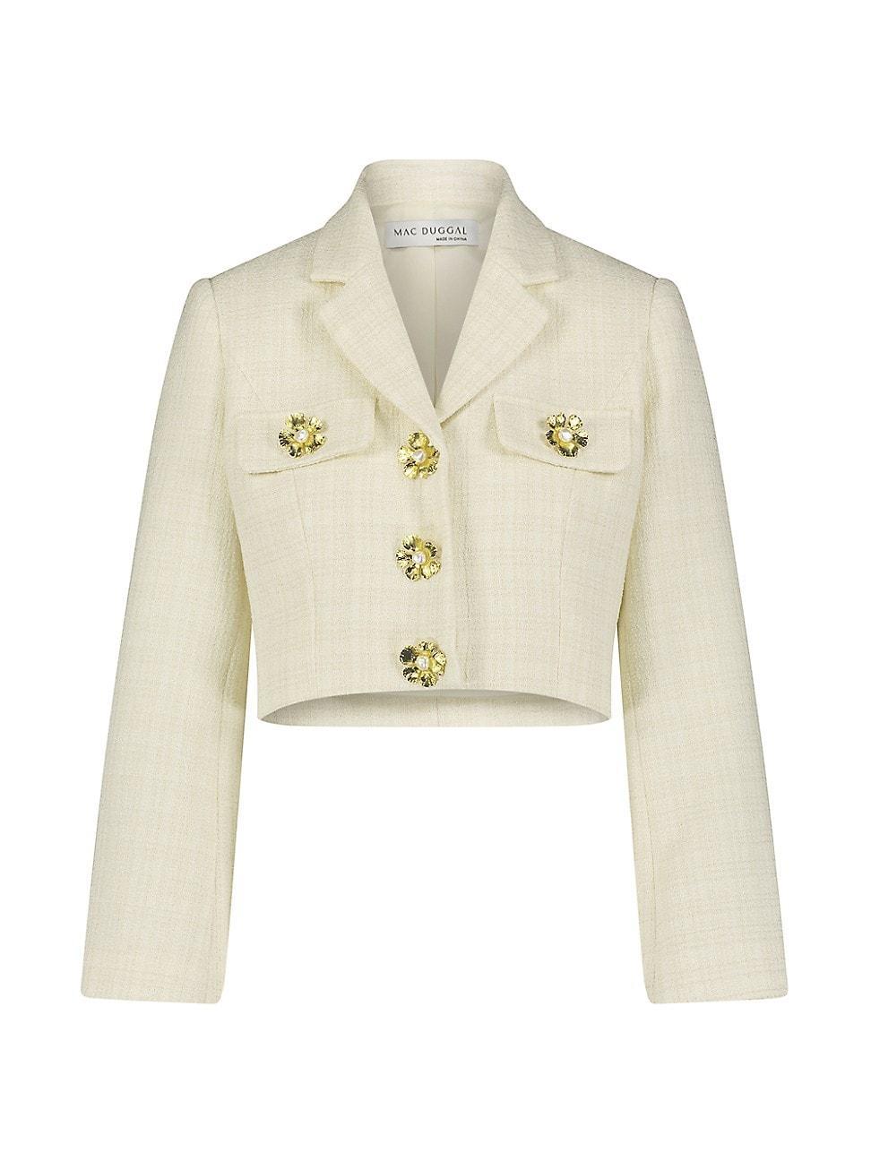 Womens Tweed Floral-Button Crop Blazer Product Image