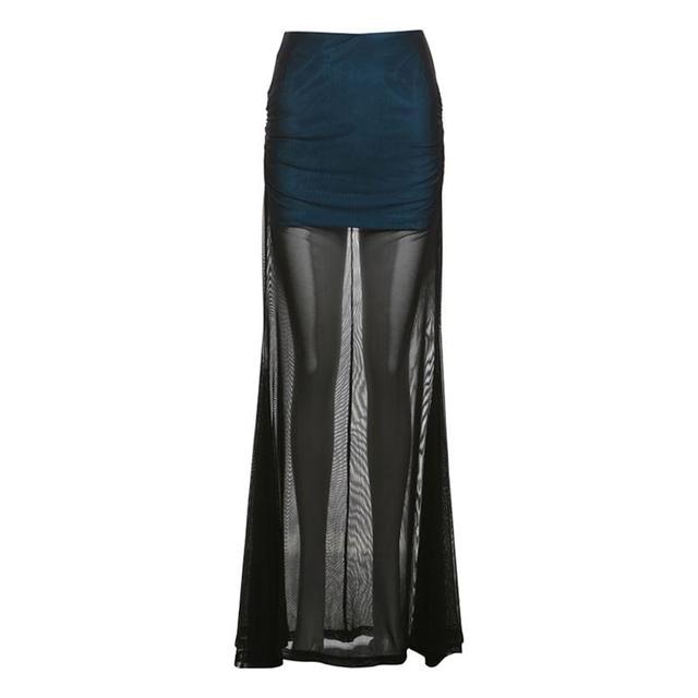 Long-Sleeve Round Neck Sheer Panel Top / High Rise Plain Maxi Skirt Product Image