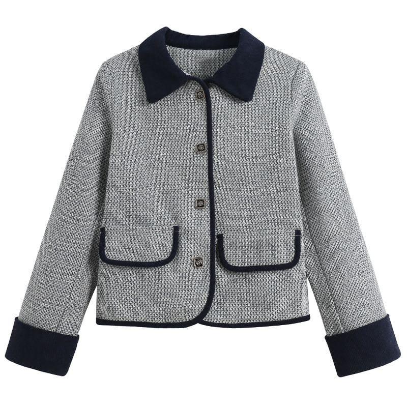 Lapel Collar Two Tone Button Cropped Tweed Jacket Product Image