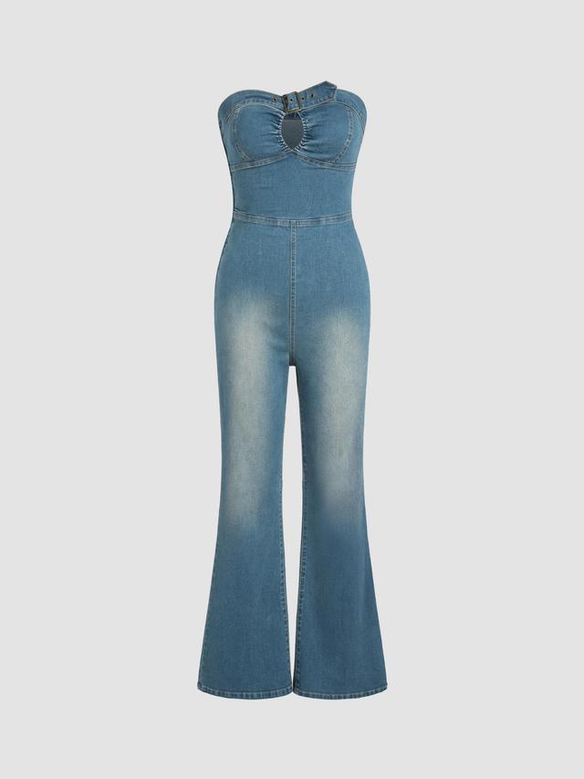 Denim Strapless Cut Out Flared Jumpsuit Product Image