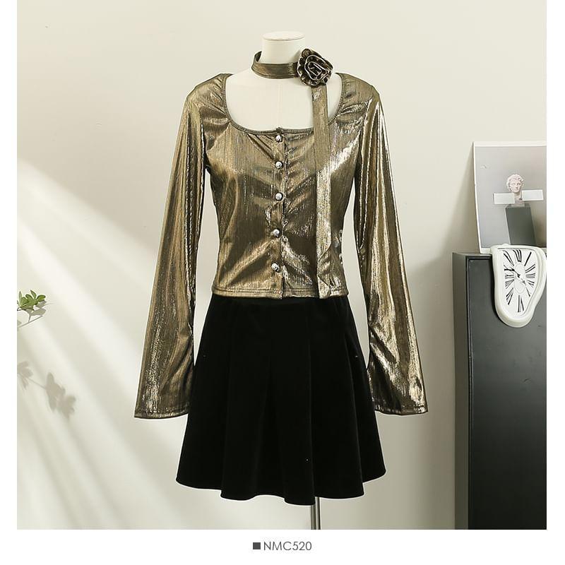 Metallic Button-Up Crop T-Shirt with Sash Product Image