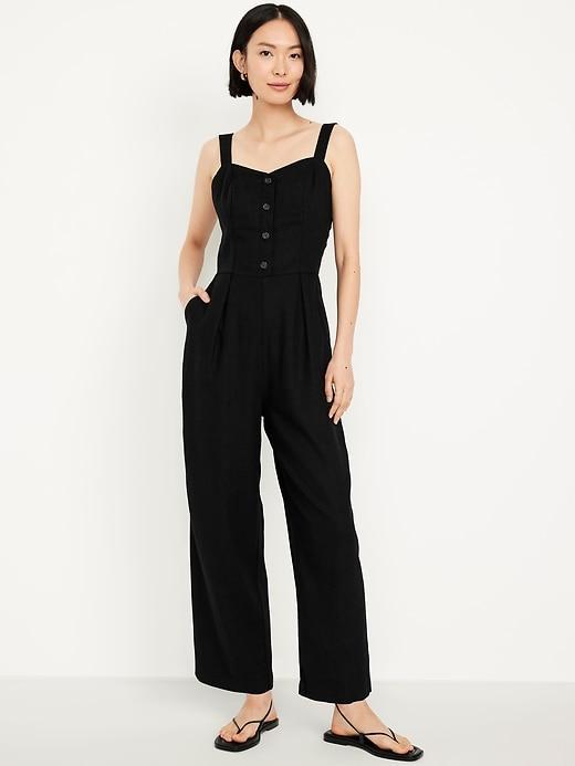 Button-Front Linen-Blend Cami Jumpsuit Product Image