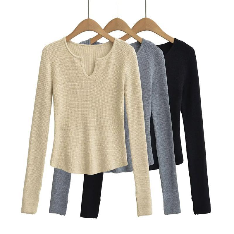 Long Sleeve Notch Neck Plain Knit Top Product Image