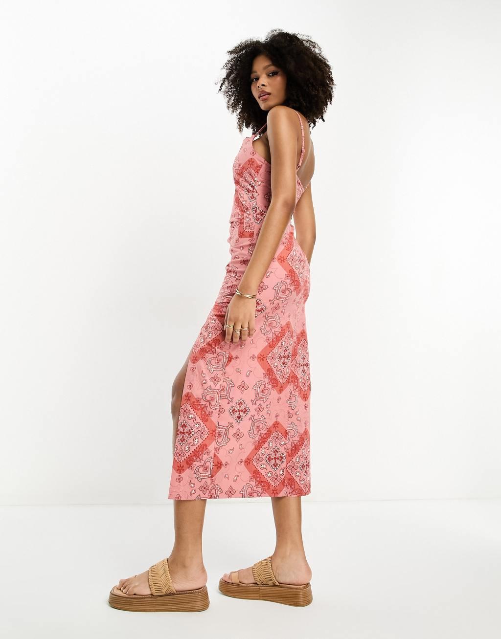 ASOS DESIGN cupped cowl midi sundress with ruching detail in bandana print Product Image