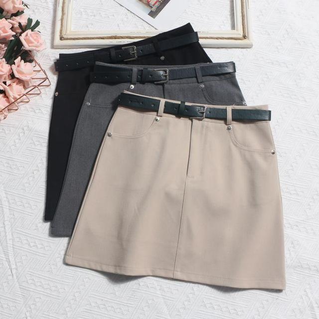 High Waist Plain Belted Mini A-Line Skirt Product Image