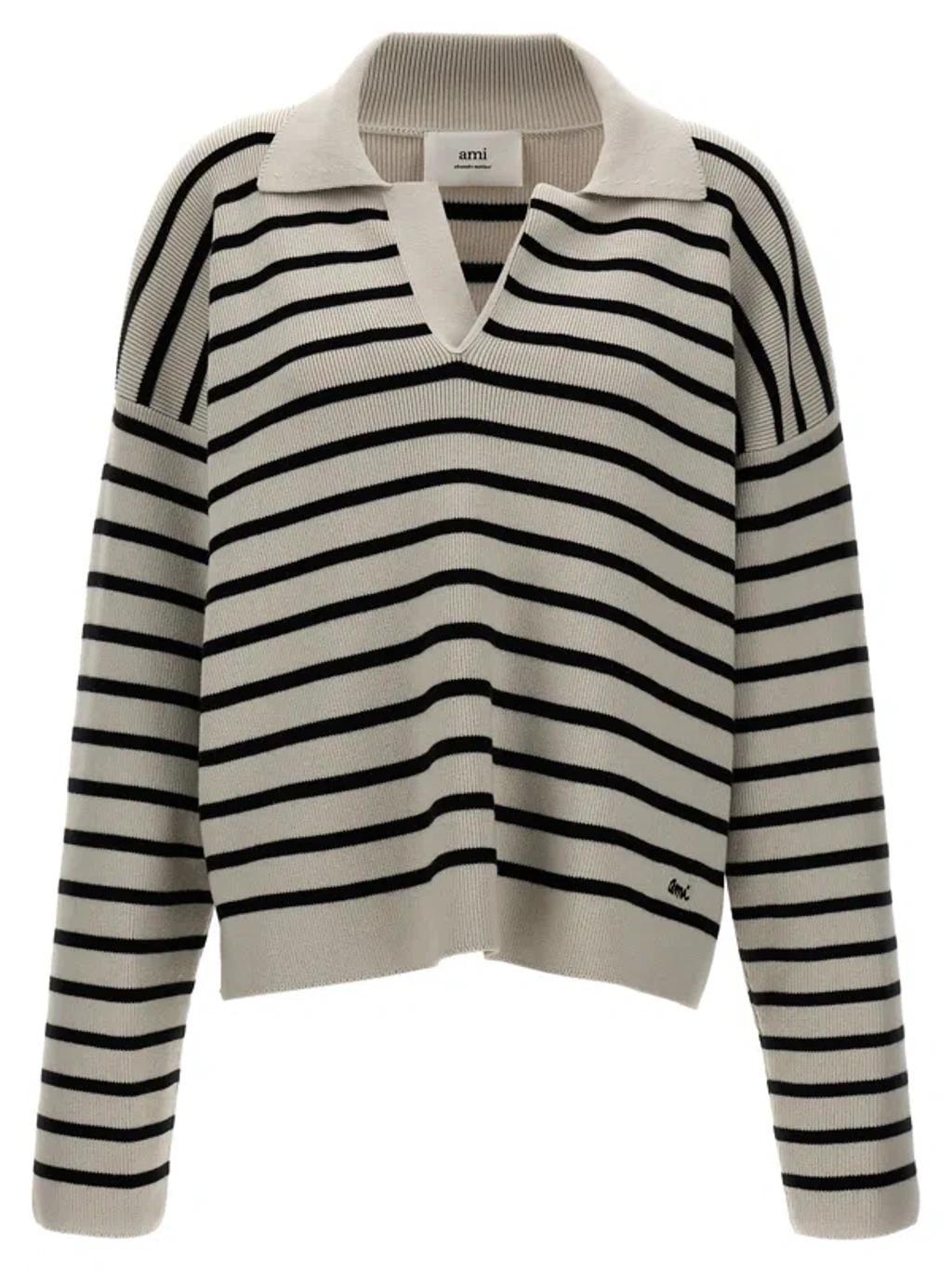 AMI ALEXANDRE MATTIUSSI Biologic Cotton And Wool Sweater With Striped Motif In White Product Image