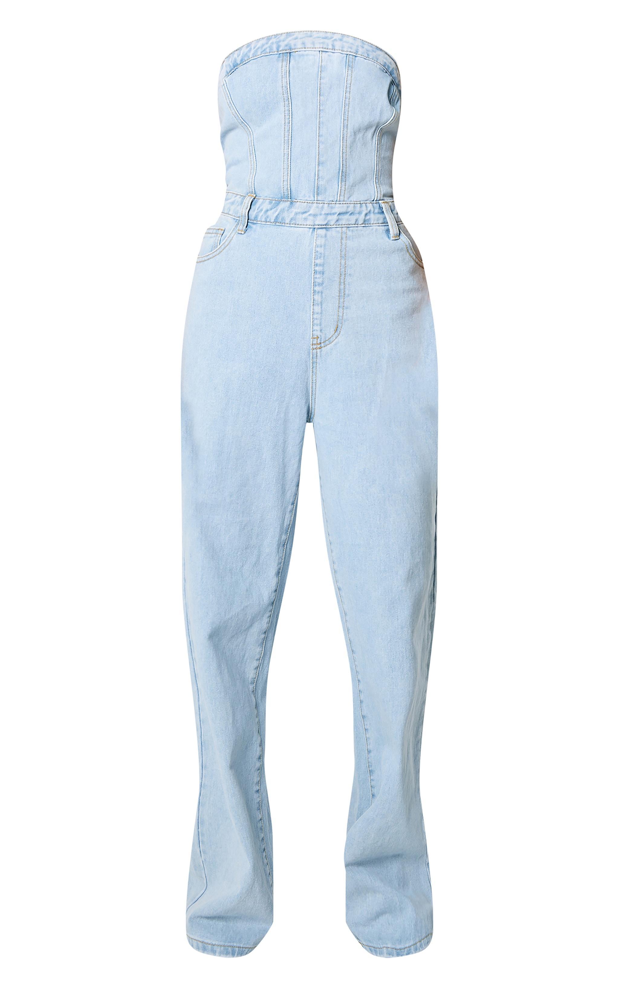 Light Blue Wash Bandeau Denim Jumpsuit Product Image