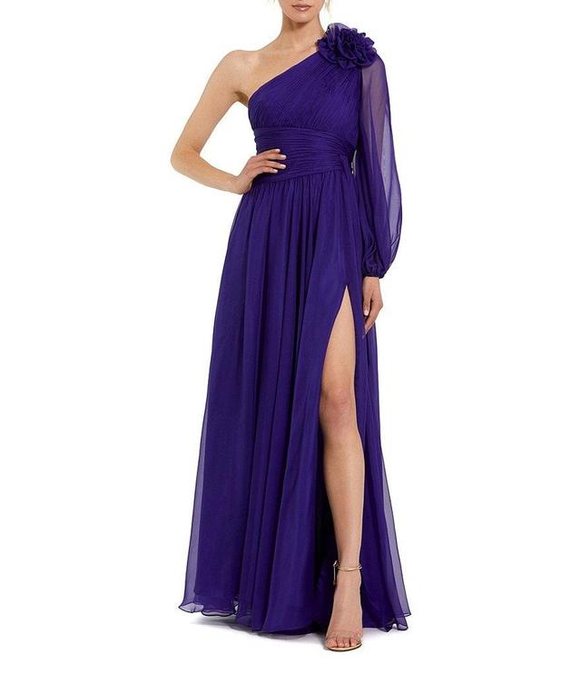 Mac Duggal Chiffon One Shoulder Long Sheer Sleeve Rosette Pleated Side Slit Gown Product Image