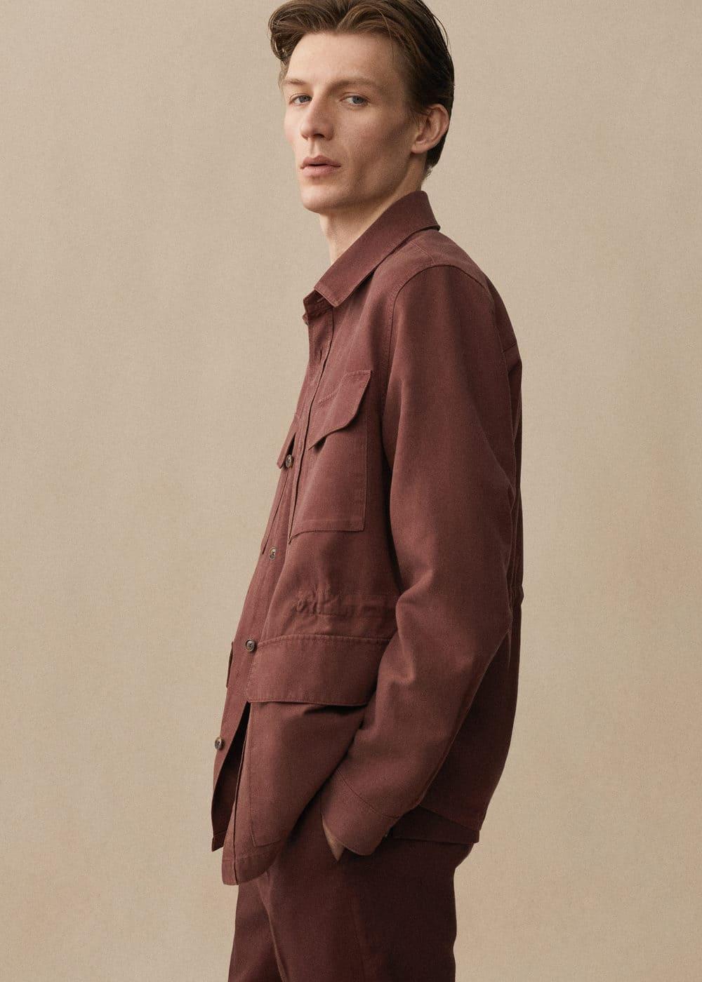 MANGO MAN - Linen overshirt with pockets burgundyMen Product Image