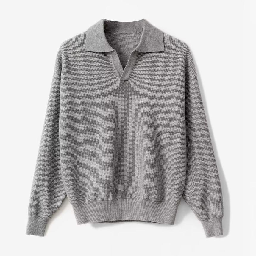 Open Placket Plain Polo Sweater Product Image