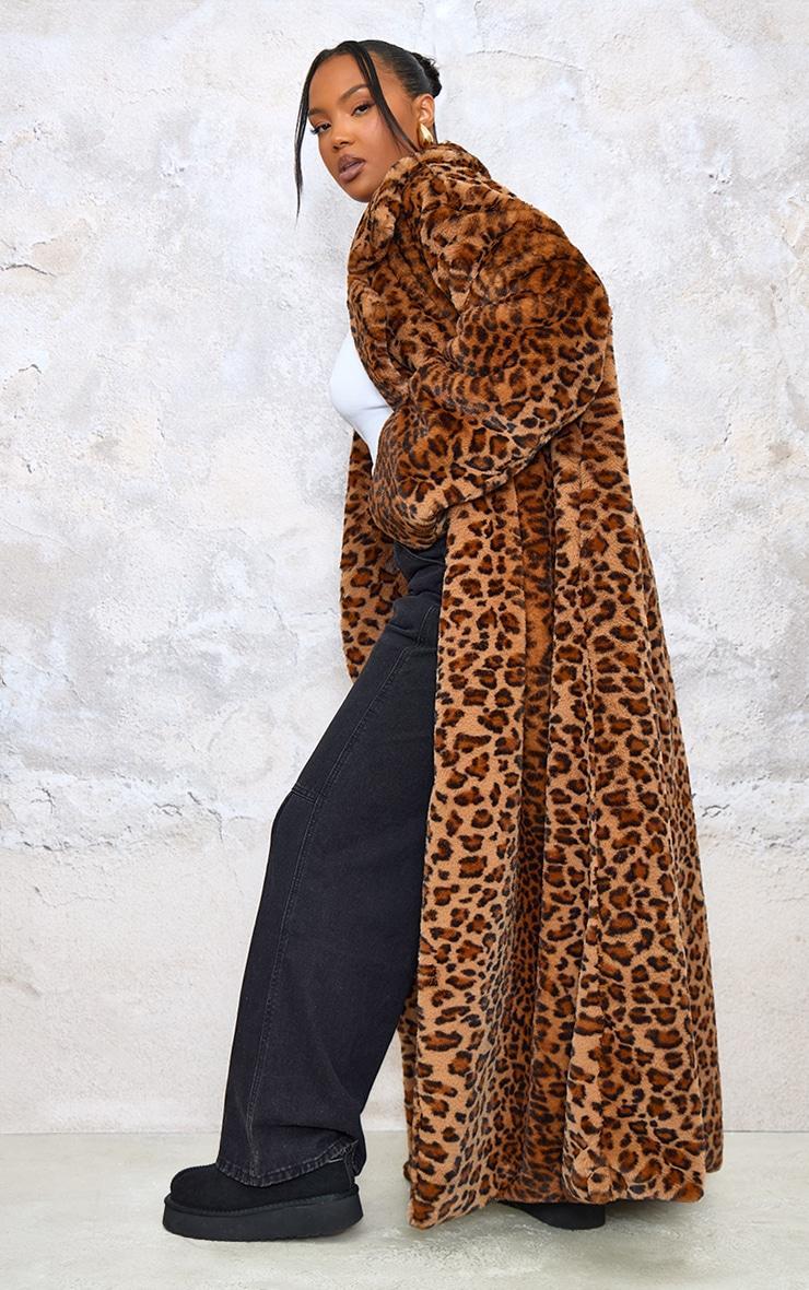 Plus Brown Soft Faux Fur Leopard Print Maxi Coat Product Image