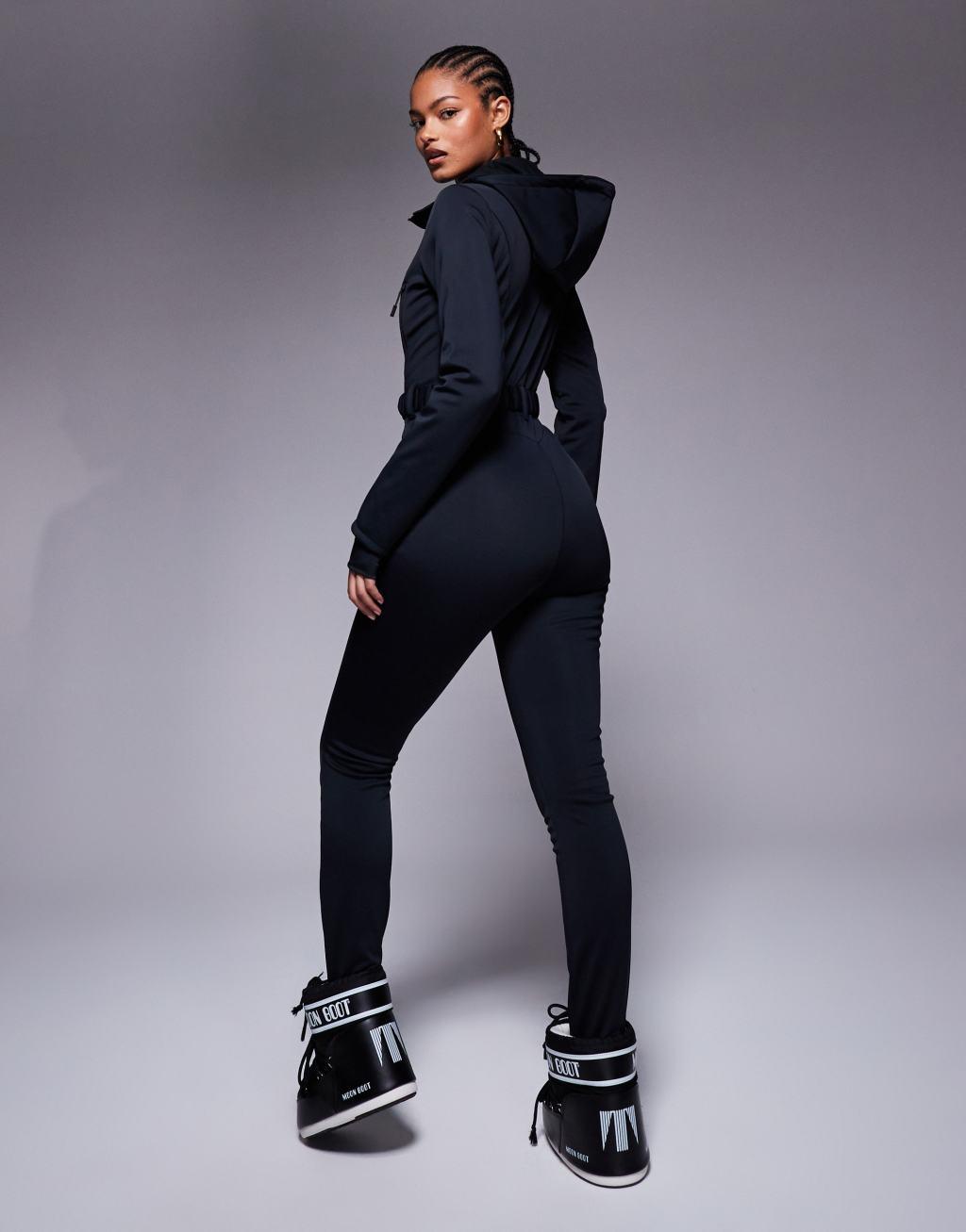 ASOS 4505 Tall Ski belted ski suit with skinny leg and hood in black Product Image