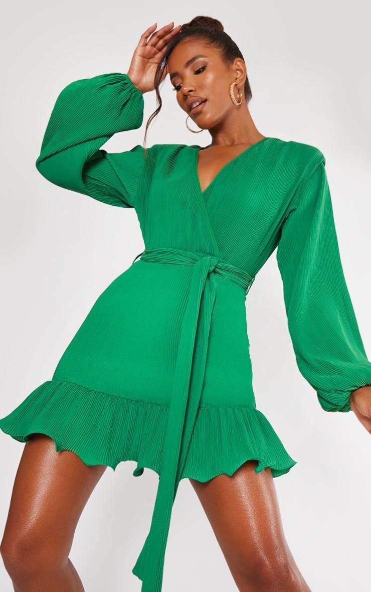 Bright Green Plisse Shoulder Pad Wrap Bodycon Dress Product Image