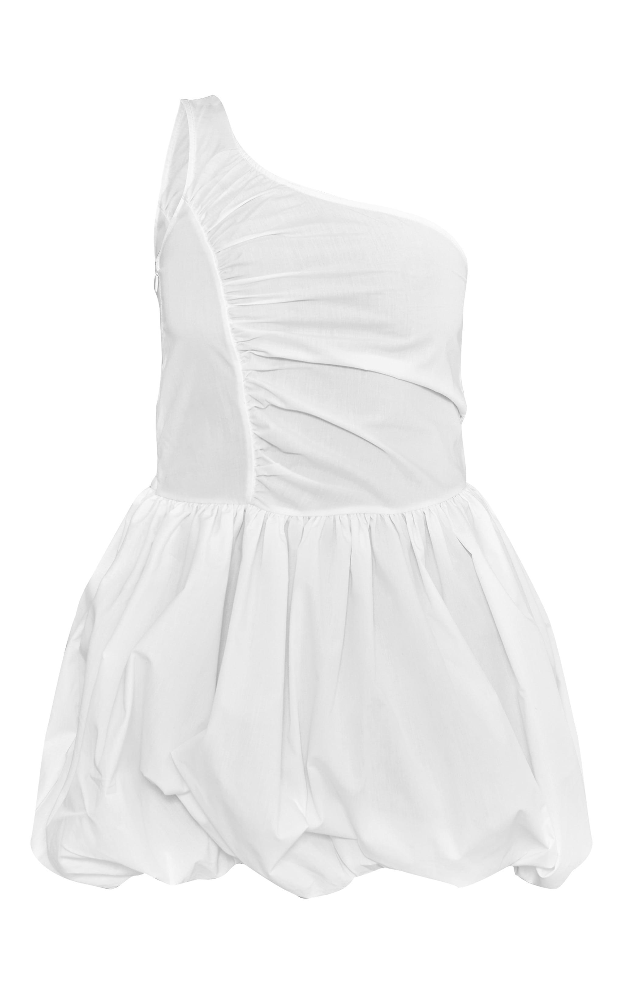 White One Shoulder Ruched Puff Ball Dress Product Image