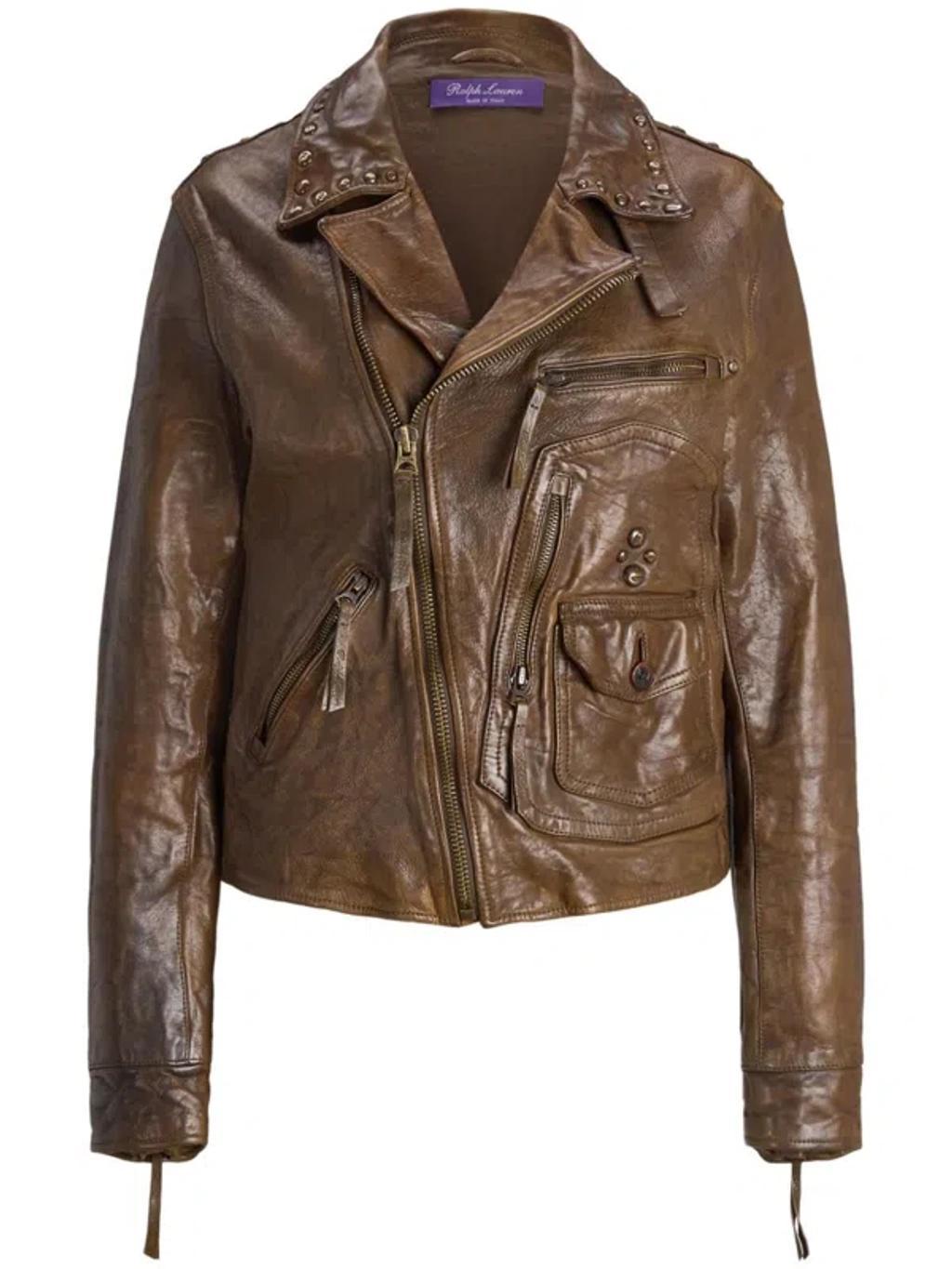 POLO RALPH LAUREN Andrea Distressed Leather Jacket In Beige Product Image