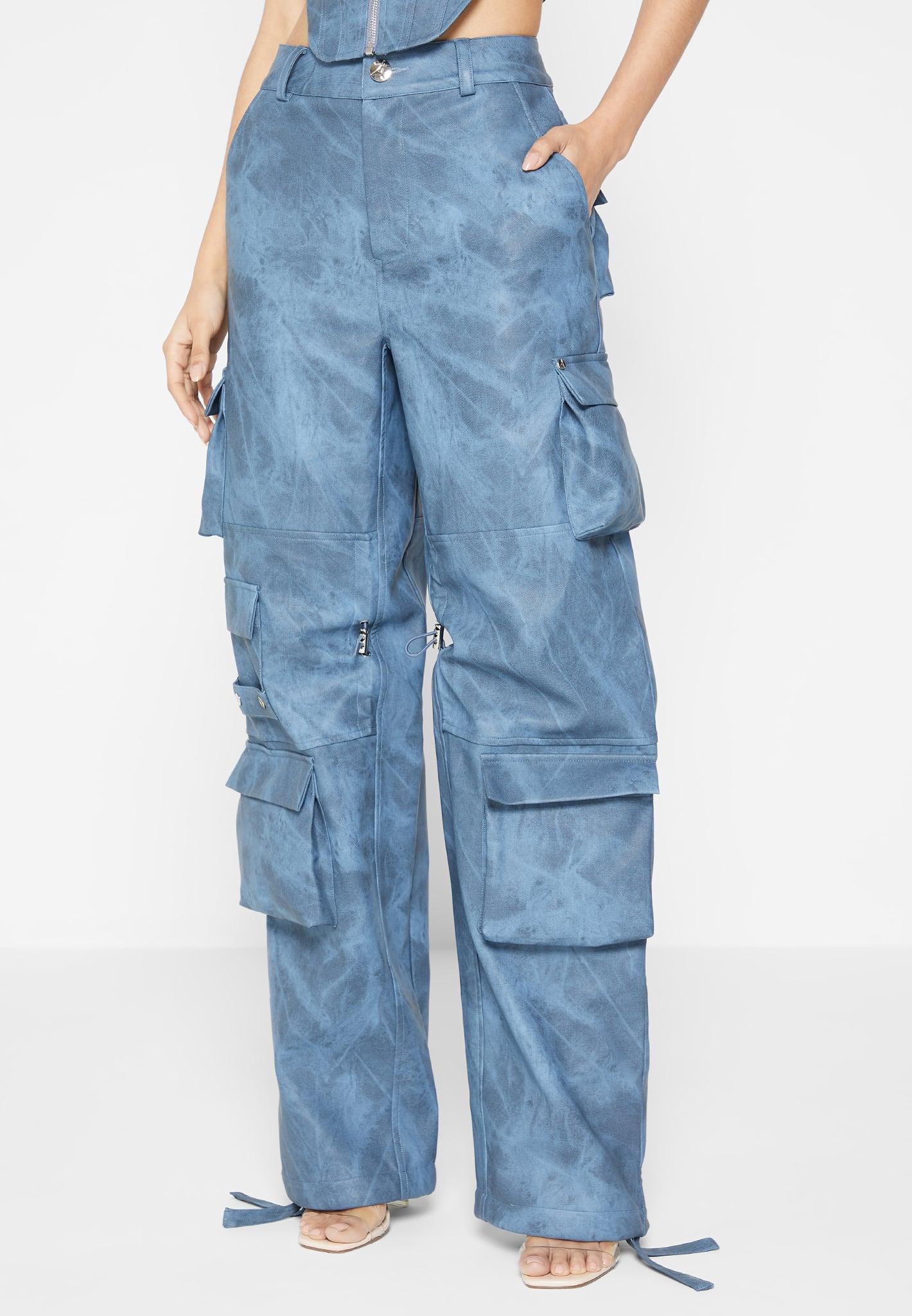 High Waisted Vintage Marble Leather Cargo Pants - Washed Blue Female Product Image