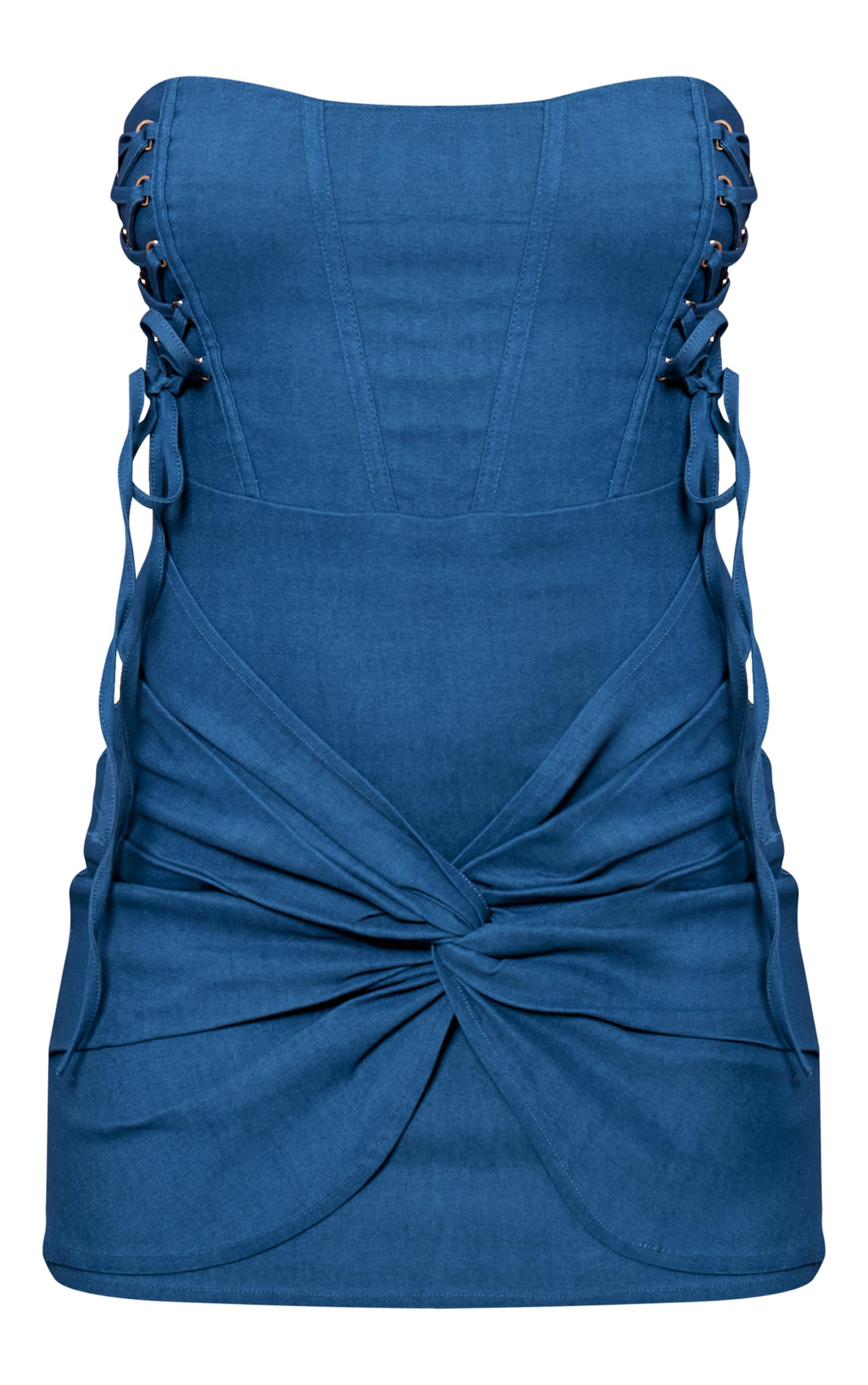 Blue Stretch Woven Bandeau Lace Up Corset Bodycon Dress Product Image