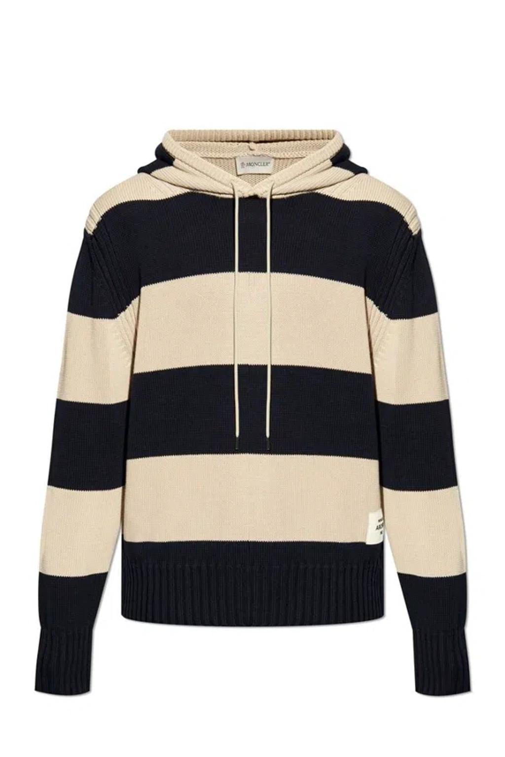 MONCLER Striped Drawstring Knit Hoodie In Black Product Image