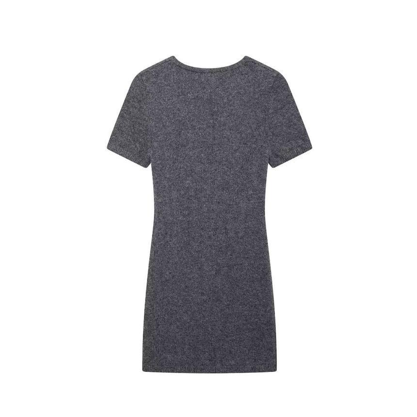 Short-Sleeve Melange Hoop Accent Mini Sheath Knit Dress Product Image