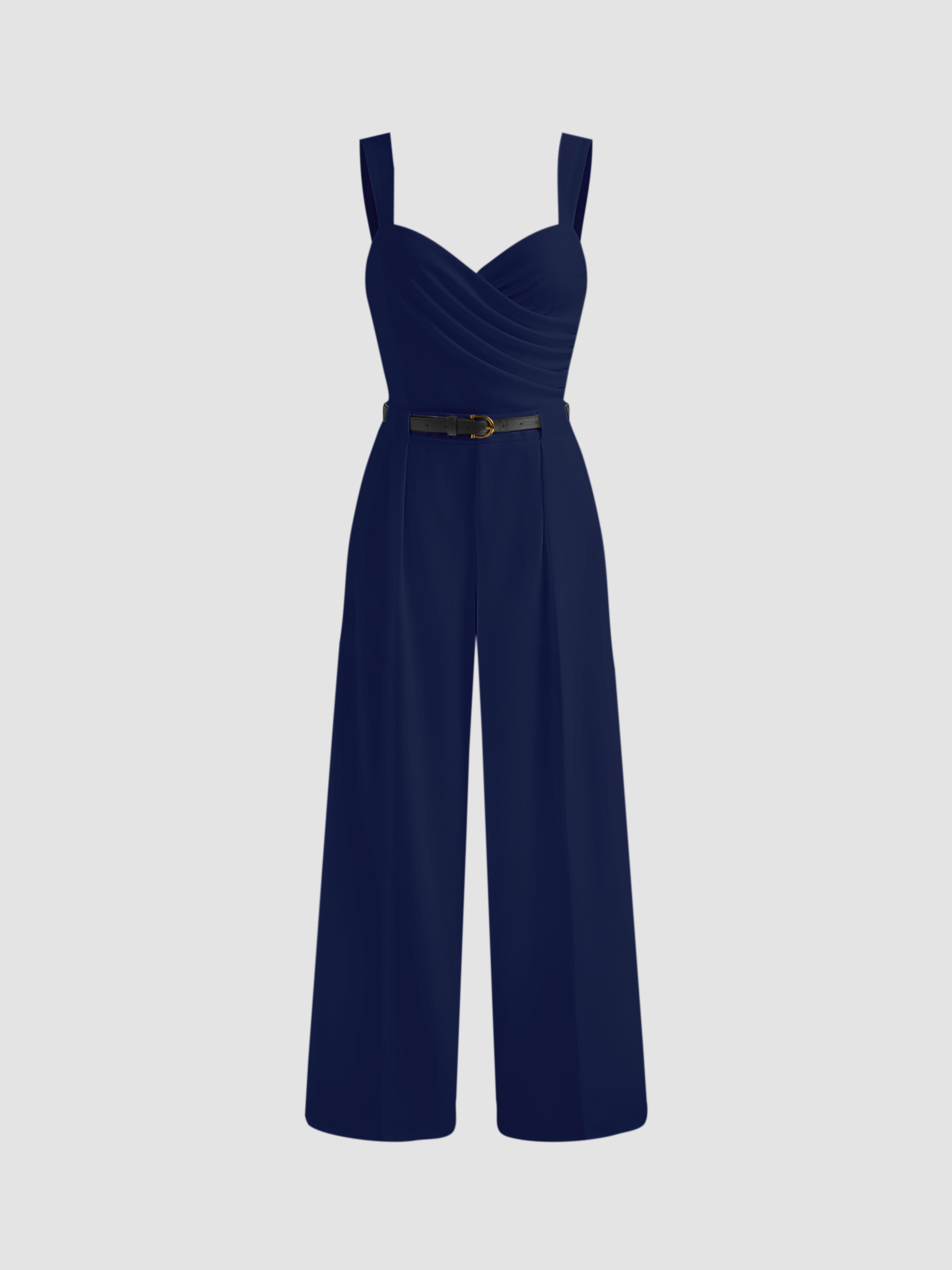 V-neck Solid Ruched Wrap Jumpsuit With Belt Product Image