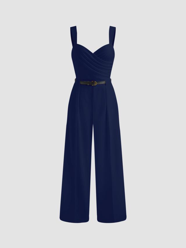 V-neck Solid Ruched Wrap Jumpsuit With Belt Product Image