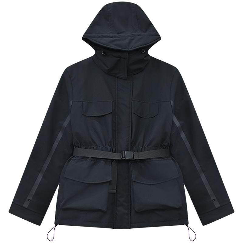 Plain Hooded Tie Waist Zip Parka Product Image