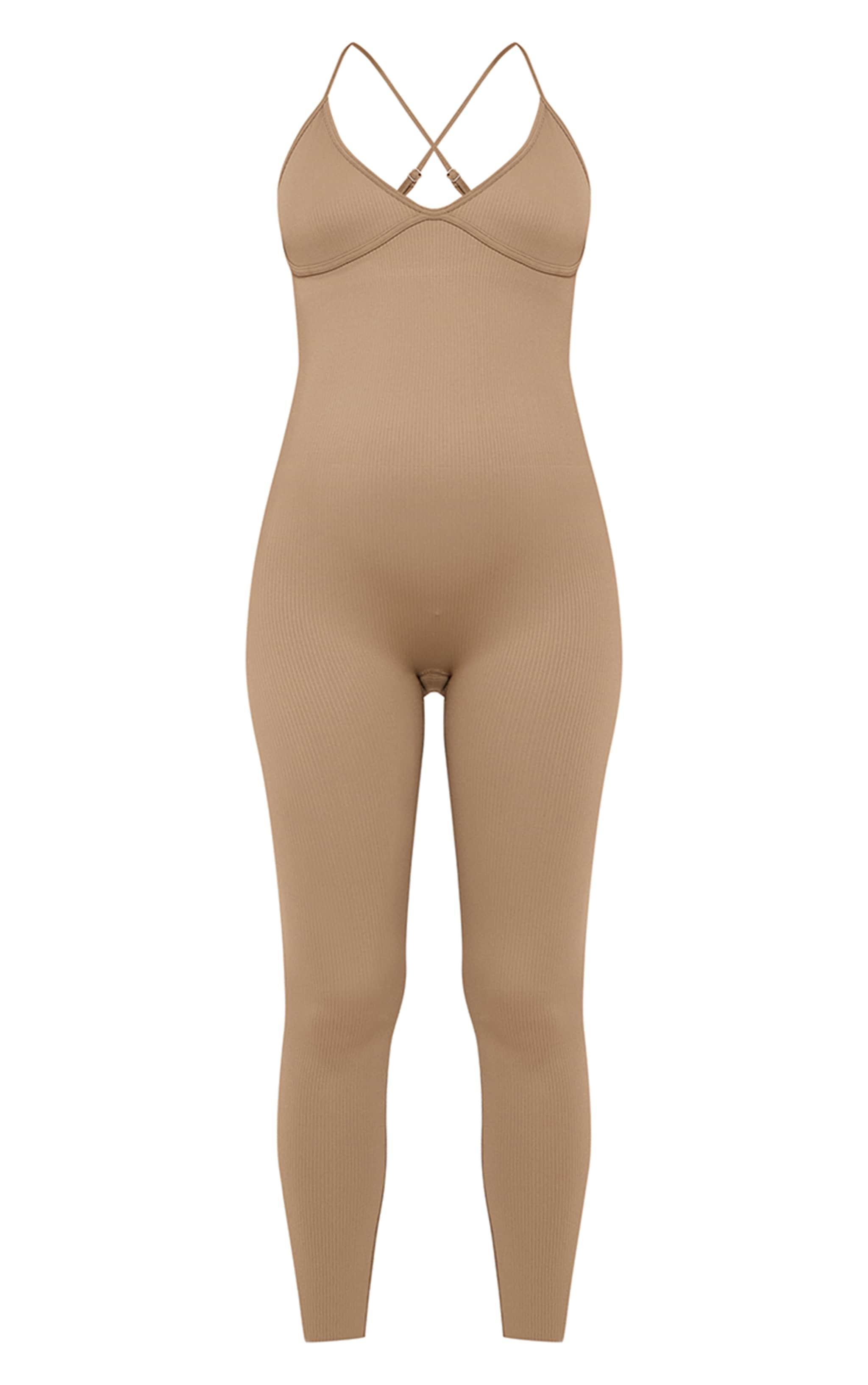 Maternity Pale Khaki Underbust Detail Snatched Rib Jumpsuit Product Image