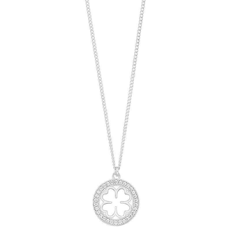 Sterling Silver Cubic Zirconia Lucky Clover Pendant Necklace, Womens White Product Image