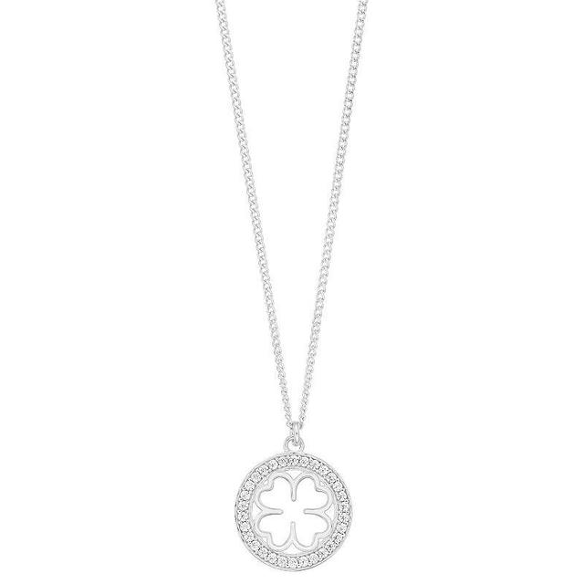 Sterling Silver Cubic Zirconia Lucky Clover Pendant Necklace, Womens White Product Image